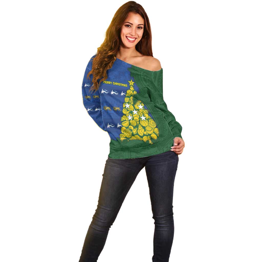 Solomon Islands Christmas Off Shoulder Sweater Seashell Xmas Tree Tribal Waves - Polynesian Pride