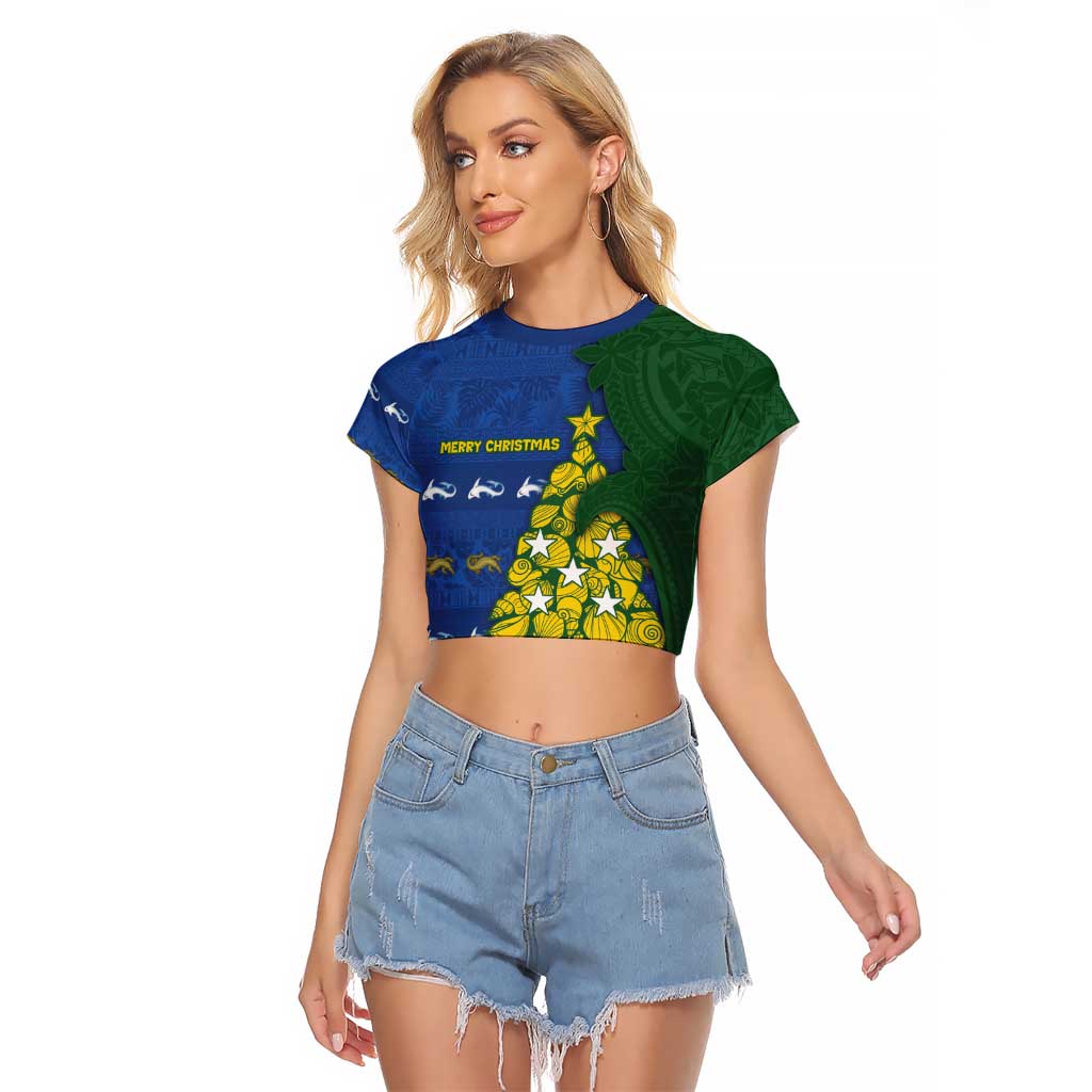 Solomon Islands Christmas Raglan Cropped T Shirt Seashell Xmas Tree Tribal Waves - Polynesian Pride