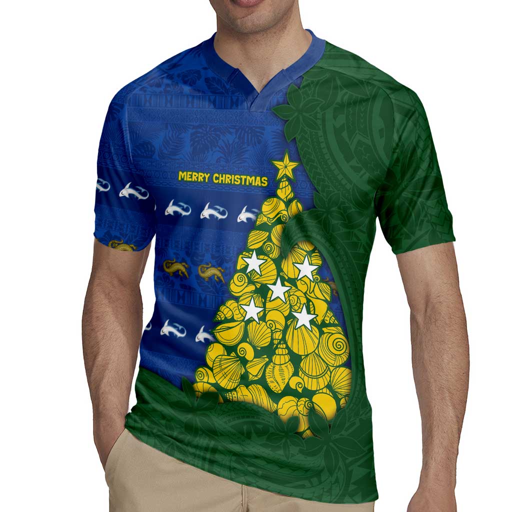 Solomon Islands Christmas Rugby Jersey Seashell Xmas Tree Tribal Waves - Polynesian Pride