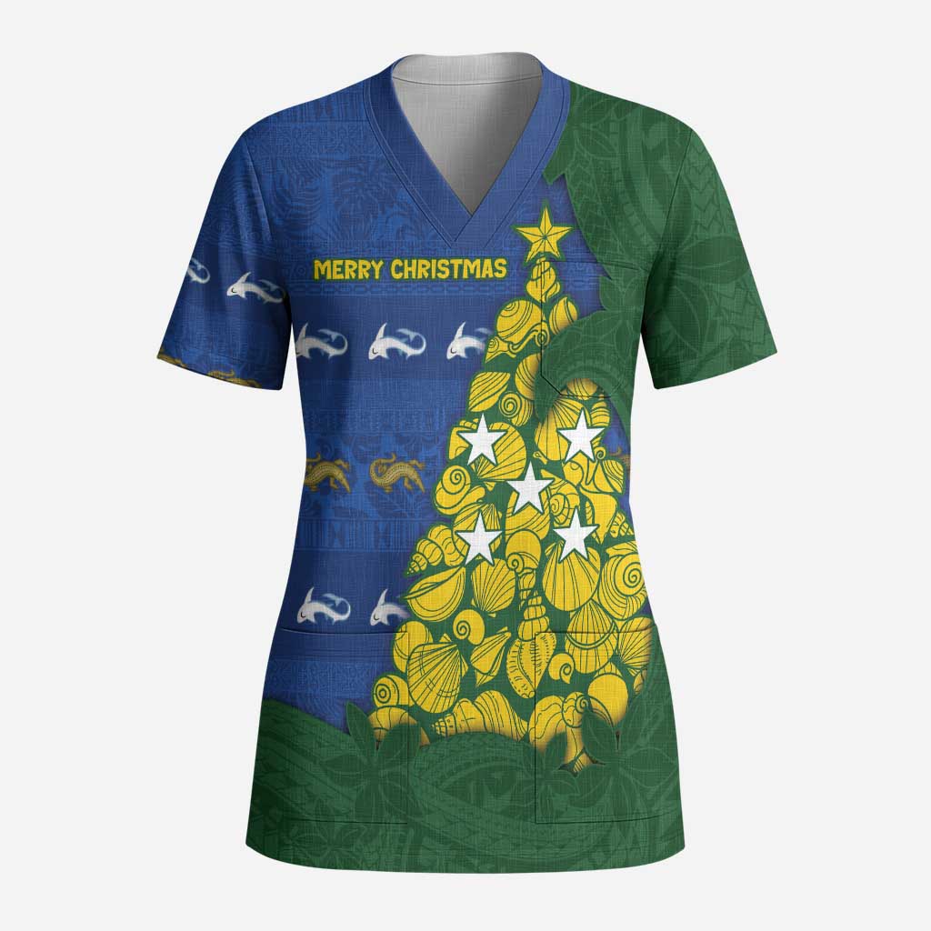 Solomon Islands Christmas Scrub Top Seashell Xmas Tree Tribal Waves - Polynesian Pride