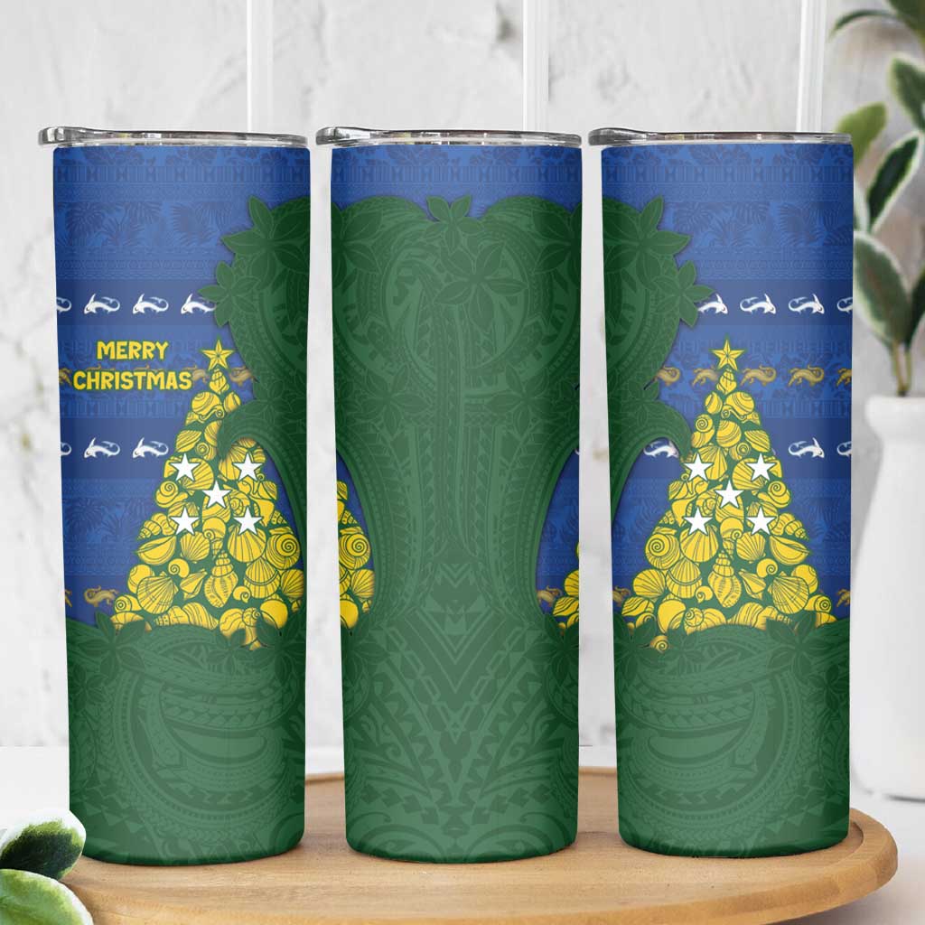 Solomon Islands Christmas Skinny Tumbler Seashell Xmas Tree Tribal Waves - Polynesian Pride