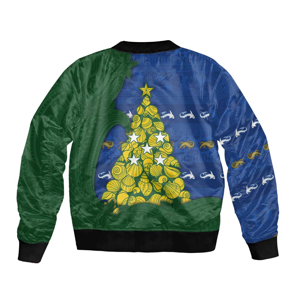 Solomon Islands Christmas Sleeve Zip Bomber Jacket Seashell Xmas Tree Tribal Waves - Polynesian Pride