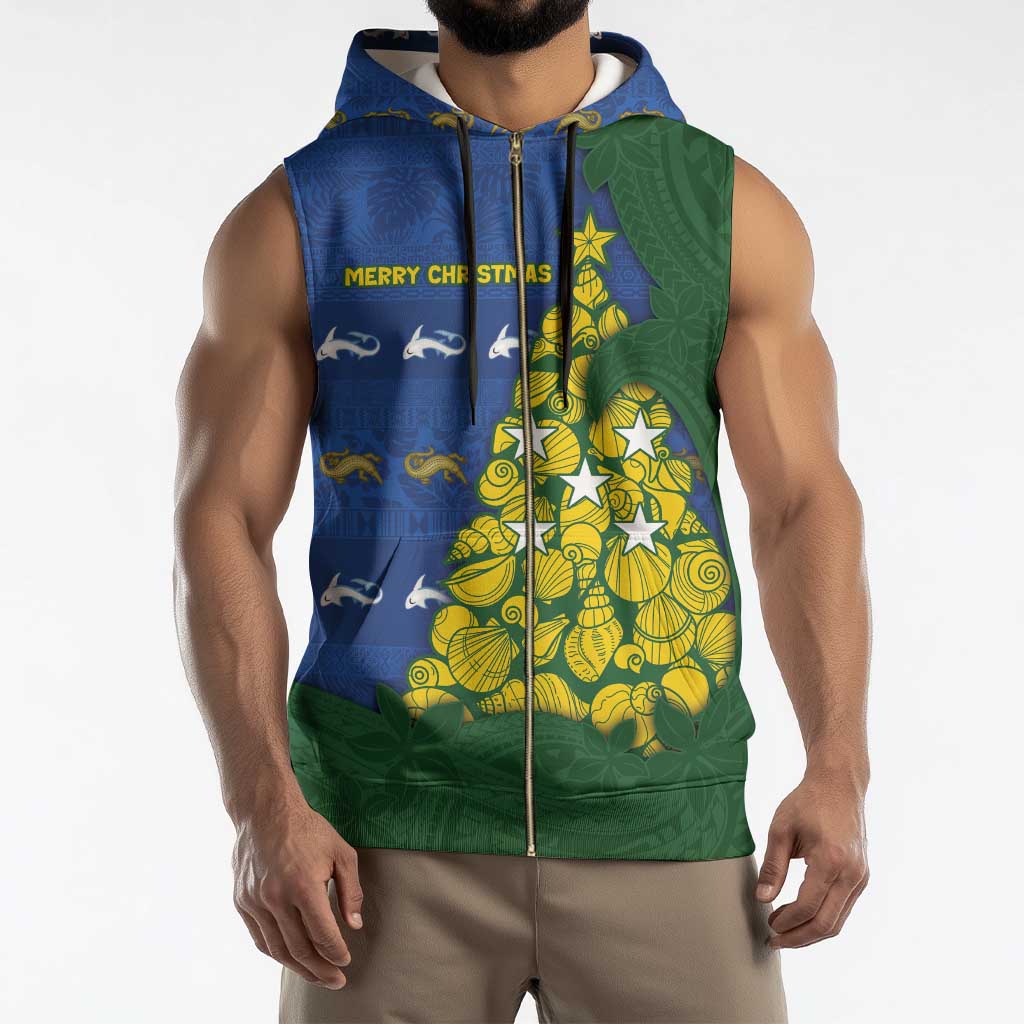Solomon Islands Christmas Sleeveless Zip Hoodie Seashell Xmas Tree Tribal Waves - Polynesian Pride