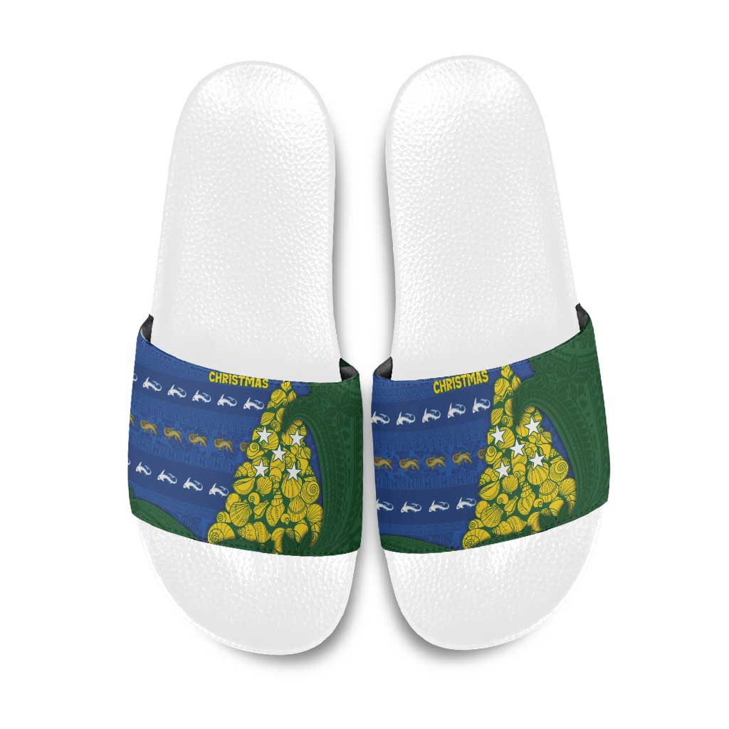 Solomon Islands Christmas Slide Sandals Seashell Xmas Tree Tribal Waves - Polynesian Pride