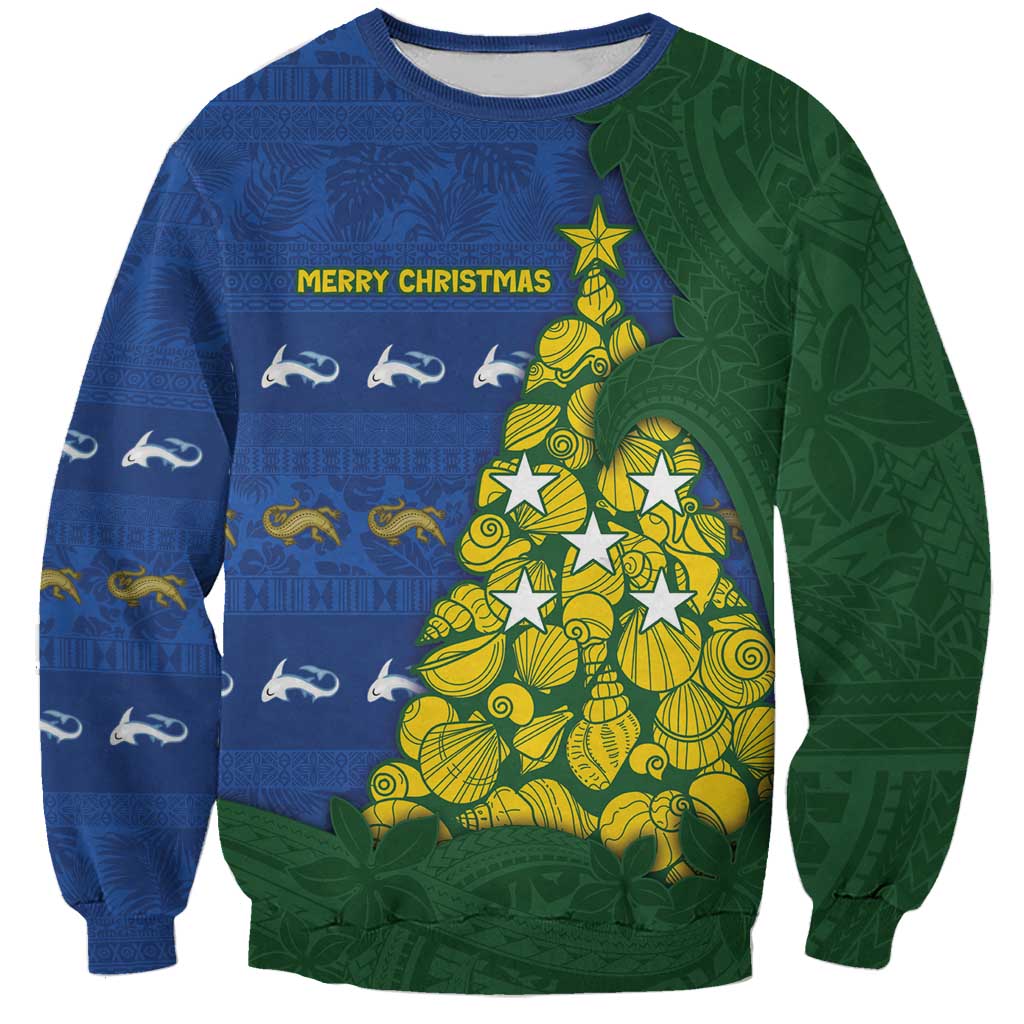 Solomon Islands Christmas Sweatshirt Seashell Xmas Tree Tribal Waves - Polynesian Pride