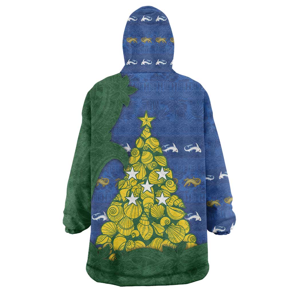 Solomon Islands Christmas Wearable Blanket Hoodie Seashell Xmas Tree Tribal Waves - Polynesian Pride