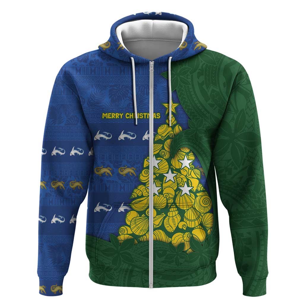 Solomon Islands Christmas Zip Hoodie Seashell Xmas Tree Tribal Waves - Polynesian Pride