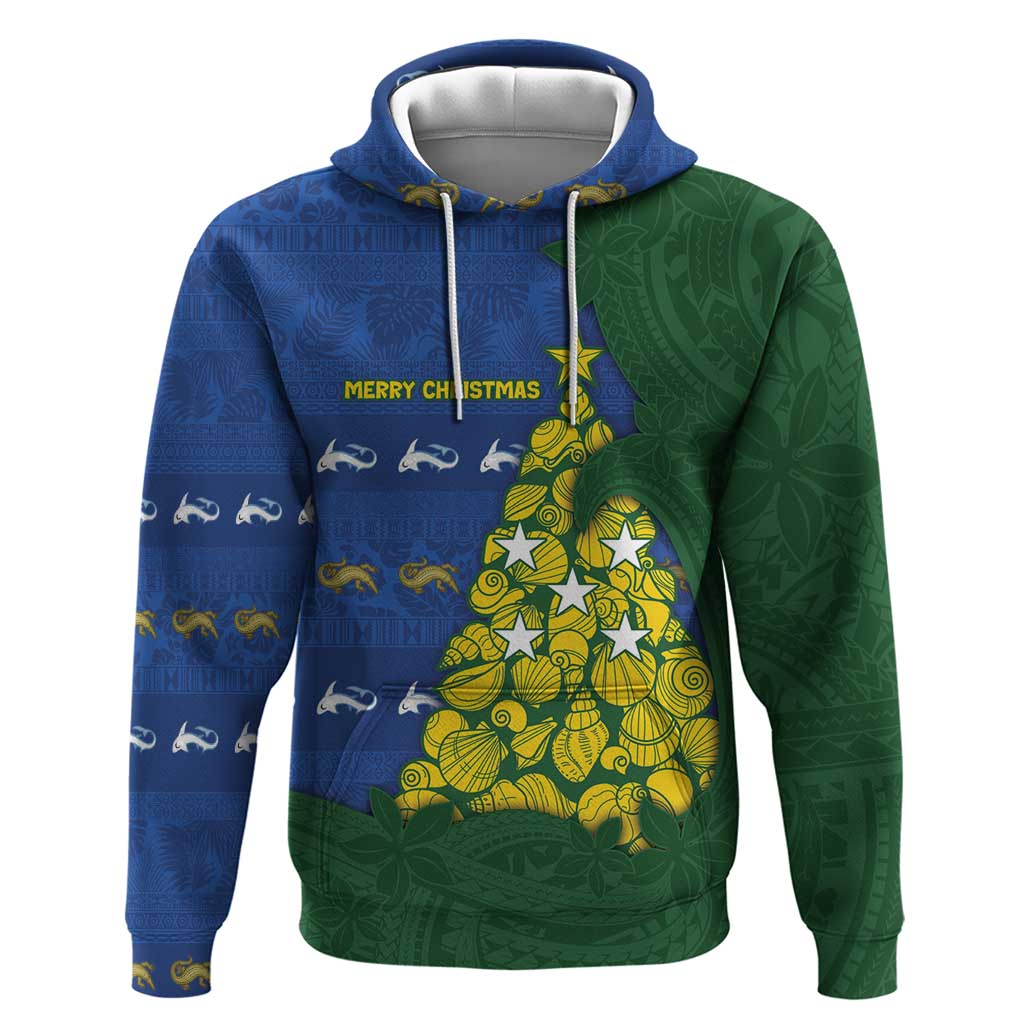 Solomon Islands Christmas Zip Hoodie Seashell Xmas Tree Tribal Waves - Polynesian Pride