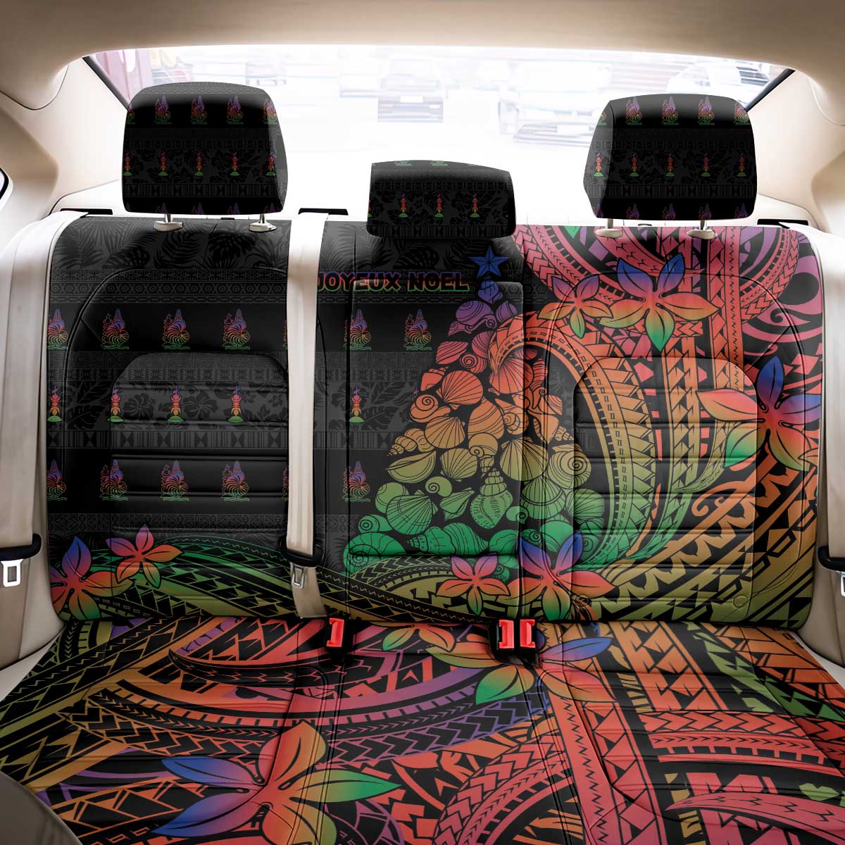 New Caledonia Christmas Back Car Seat Cover Seashell Xmas Tree Tribal Waves - Polynesian Pride