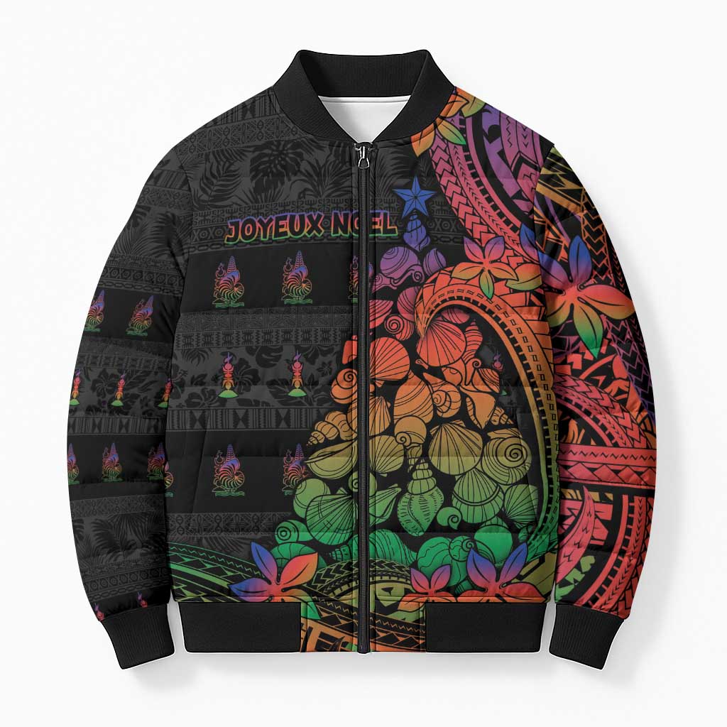 New Caledonia Christmas Bomber Puffer Jacket Seashell Xmas Tree Tribal Waves - Polynesian Pride