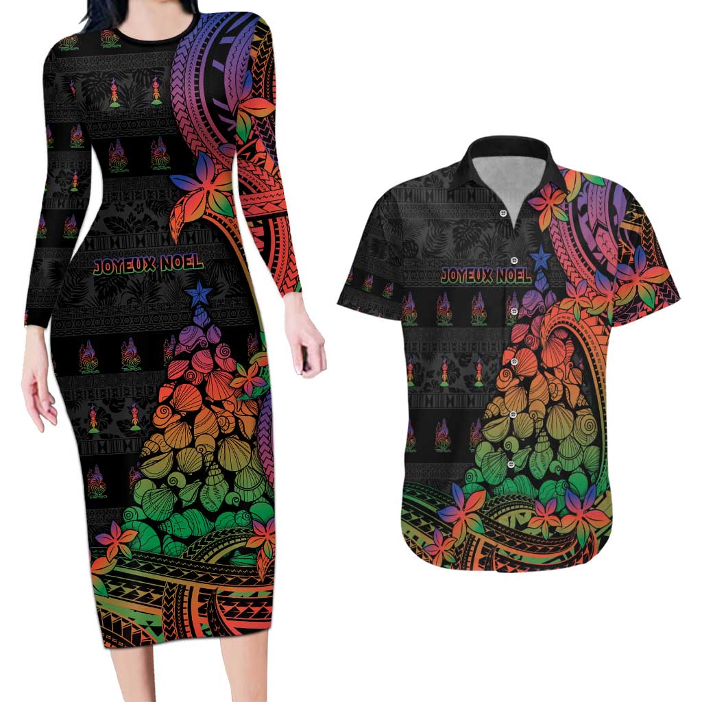 New Caledonia Christmas Couples Matching Long Sleeve Bodycon Dress and Hawaiian Shirt Seashell Xmas Tree Tribal Waves - Polynesian Pride