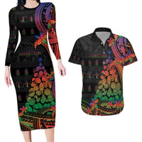 New Caledonia Christmas Couples Matching Long Sleeve Bodycon Dress and Hawaiian Shirt Seashell Xmas Tree Tribal Waves - Polynesian Pride