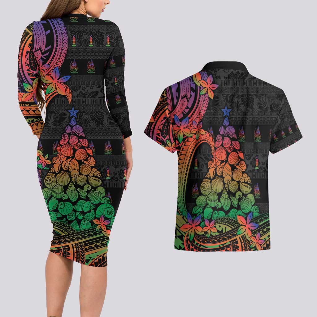 New Caledonia Christmas Couples Matching Long Sleeve Bodycon Dress and Hawaiian Shirt Seashell Xmas Tree Tribal Waves - Polynesian Pride