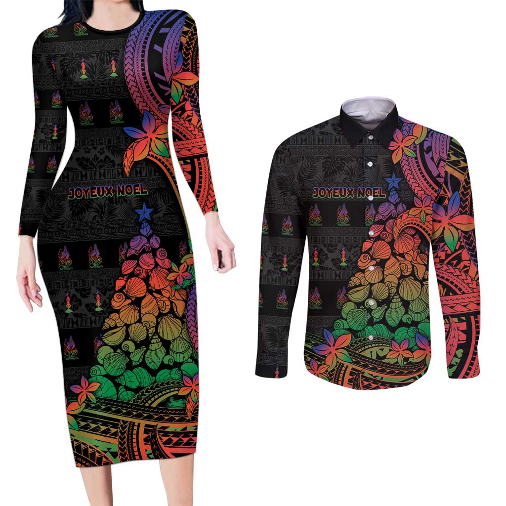 New Caledonia Christmas Couples Matching Long Sleeve Bodycon Dress and Long Sleeve Button Shirt Seashell Xmas Tree Tribal Waves - Polynesian Pride