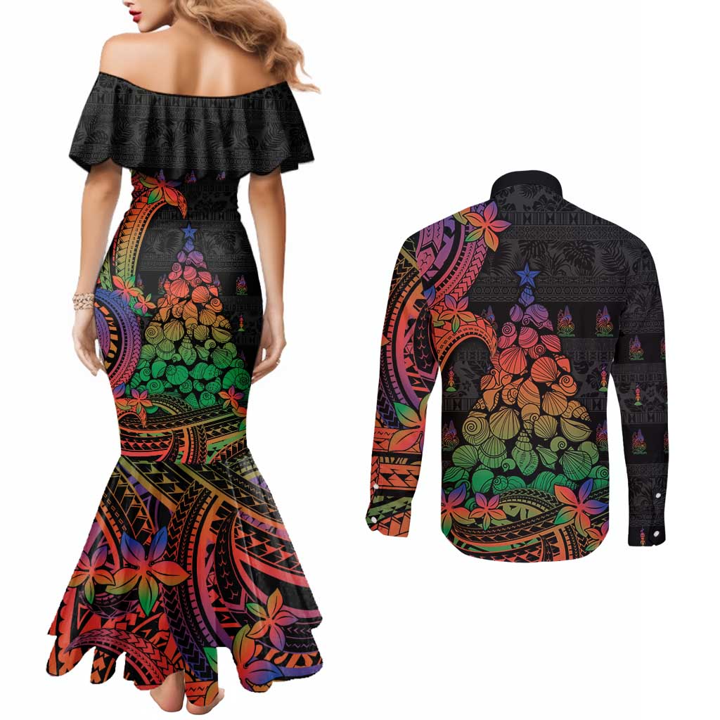 New Caledonia Christmas Couples Matching Mermaid Dress and Long Sleeve Button Shirt Seashell Xmas Tree Tribal Waves DT05 - Polynesian Pride