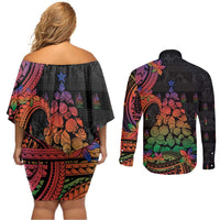 New Caledonia Christmas Couples Matching Off Shoulder Short Dress and Long Sleeve Button Shirt Seashell Xmas Tree Tribal Waves - Polynesian Pride