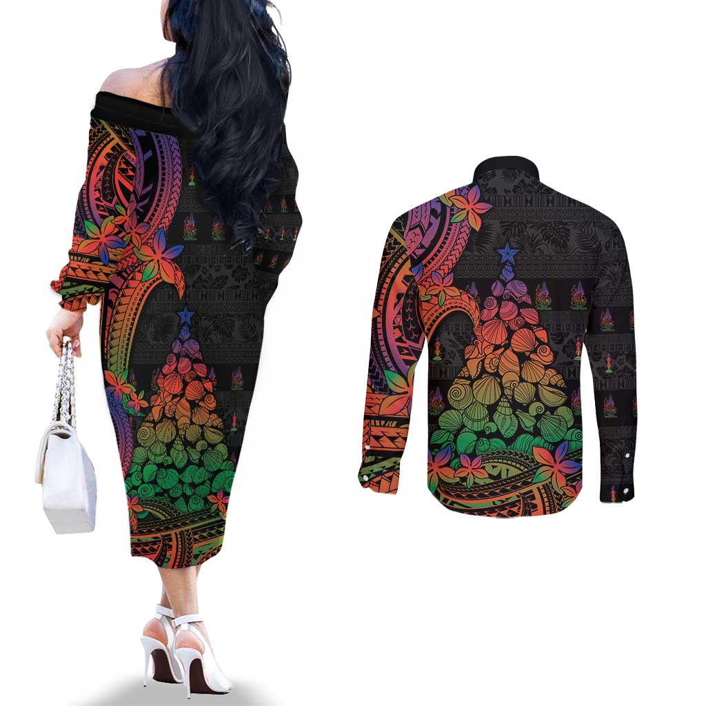 New Caledonia Christmas Couples Matching Off The Shoulder Long Sleeve Dress and Long Sleeve Button Shirt Seashell Xmas Tree Tribal Waves - Polynesian Pride