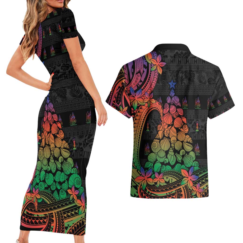 New Caledonia Christmas Couples Matching Short Sleeve Bodycon Dress and Hawaiian Shirt Seashell Xmas Tree Tribal Waves - Polynesian Pride