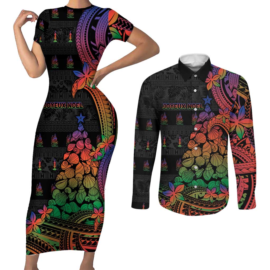 New Caledonia Christmas Couples Matching Short Sleeve Bodycon Dress and Long Sleeve Button Shirt Seashell Xmas Tree Tribal Waves DT05 Black - Polynesian Pride