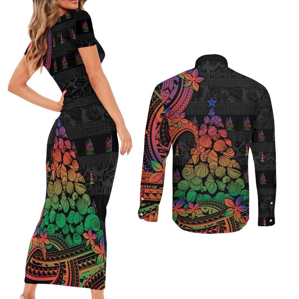 New Caledonia Christmas Couples Matching Short Sleeve Bodycon Dress and Long Sleeve Button Shirt Seashell Xmas Tree Tribal Waves DT05 - Polynesian Pride
