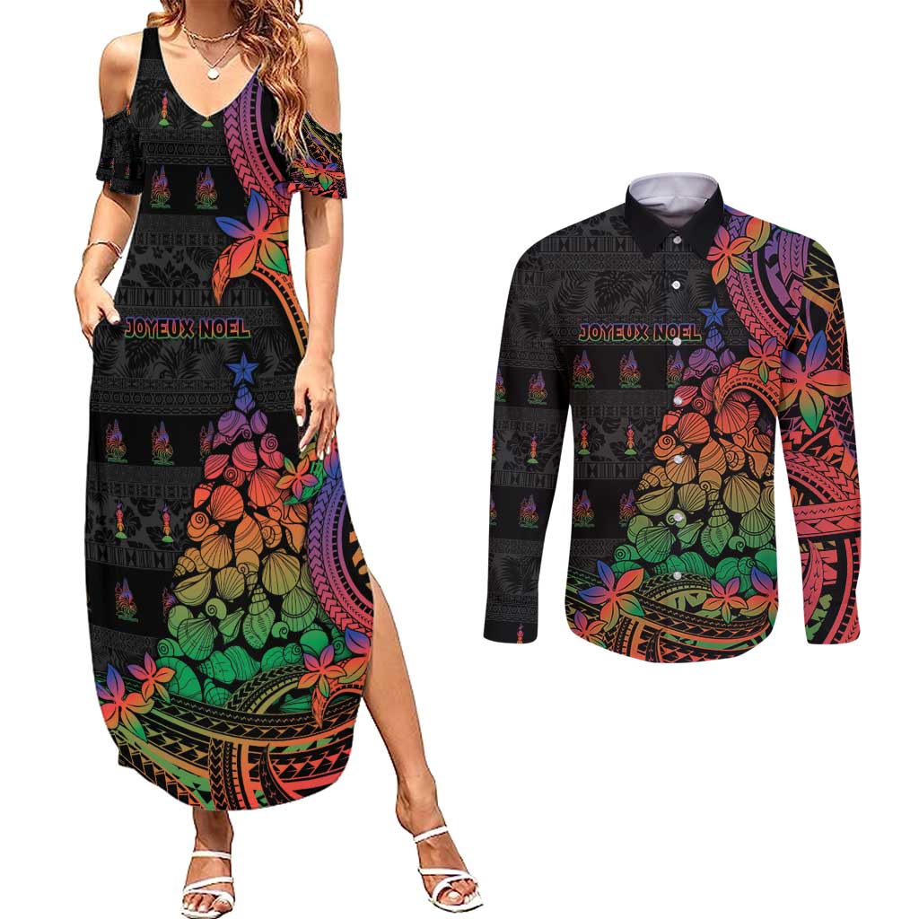New Caledonia Christmas Couples Matching Summer Maxi Dress and Long Sleeve Button Shirt Seashell Xmas Tree Tribal Waves - Polynesian Pride