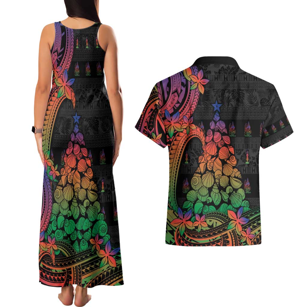 New Caledonia Christmas Couples Matching Tank Maxi Dress and Hawaiian Shirt Seashell Xmas Tree Tribal Waves - Polynesian Pride