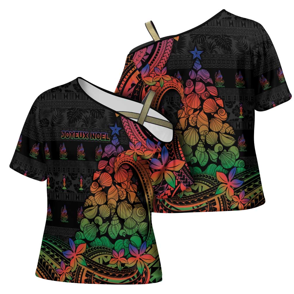 New Caledonia Christmas Cross Shoulder Shirt Seashell Xmas Tree Tribal Waves - Polynesian Pride