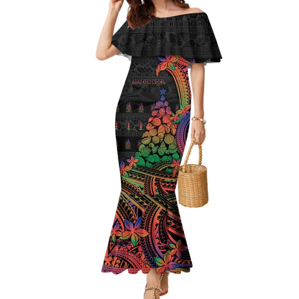 New Caledonia Christmas Family Matching Mermaid Dress and Hawaiian Shirt Seashell Xmas Tree Tribal Waves - Polynesian Pride