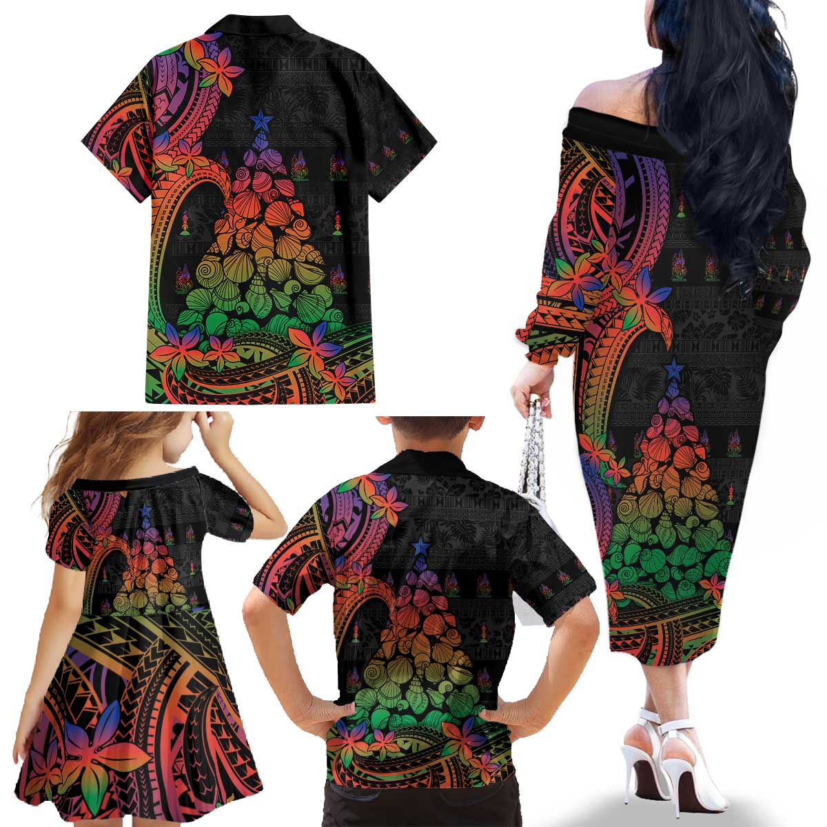 New Caledonia Christmas Family Matching Off The Shoulder Long Sleeve Dress and Hawaiian Shirt Seashell Xmas Tree Tribal Waves - Polynesian Pride