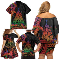 New Caledonia Christmas Family Matching Off Shoulder Short Dress and Hawaiian Shirt Seashell Xmas Tree Tribal Waves - Polynesian Pride
