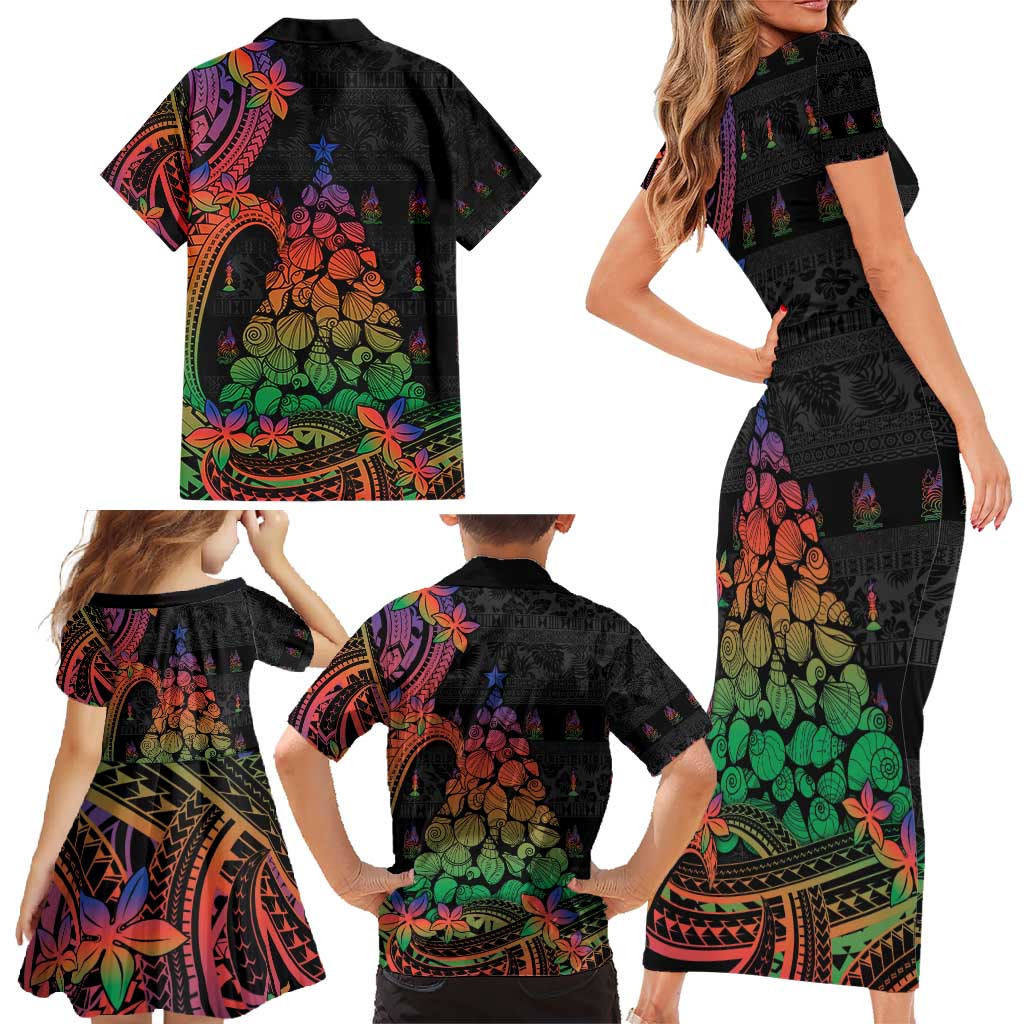 New Caledonia Christmas Family Matching Short Sleeve Bodycon Dress and Hawaiian Shirt Seashell Xmas Tree Tribal Waves - Polynesian Pride