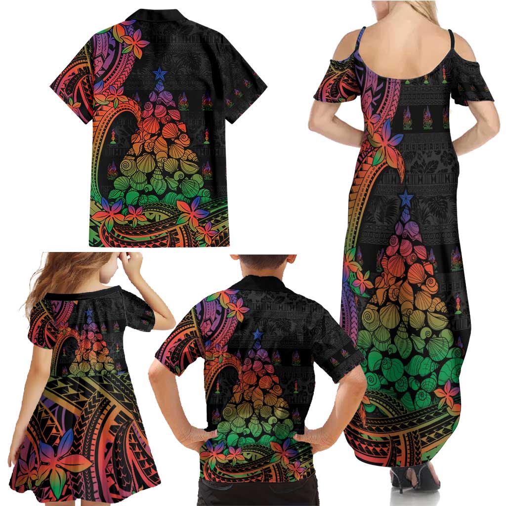 New Caledonia Christmas Family Matching Summer Maxi Dress and Hawaiian Shirt Seashell Xmas Tree Tribal Waves - Polynesian Pride