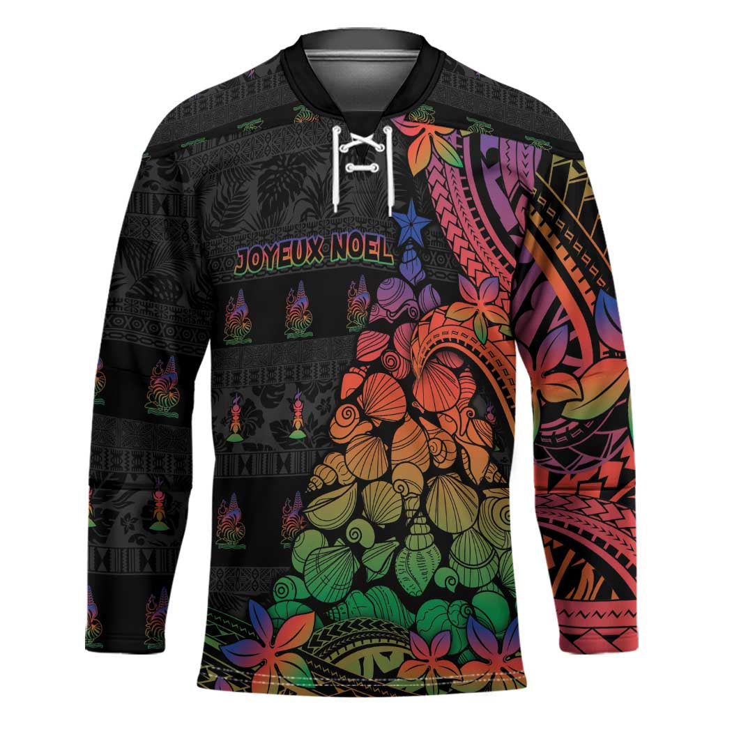 New Caledonia Christmas Hockey Jersey Seashell Xmas Tree Tribal Waves - Polynesian Pride