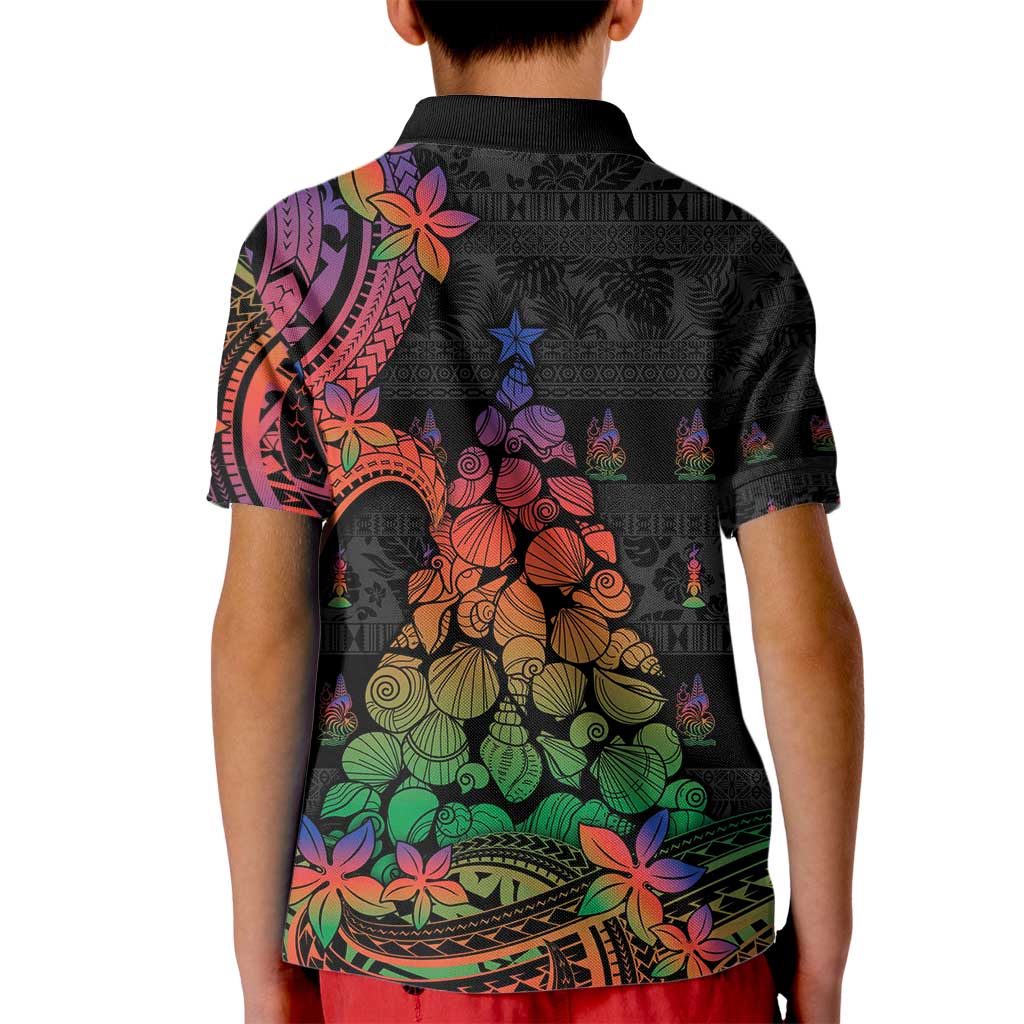 New Caledonia Christmas Kid Polo Shirt Seashell Xmas Tree Tribal Waves - Polynesian Pride