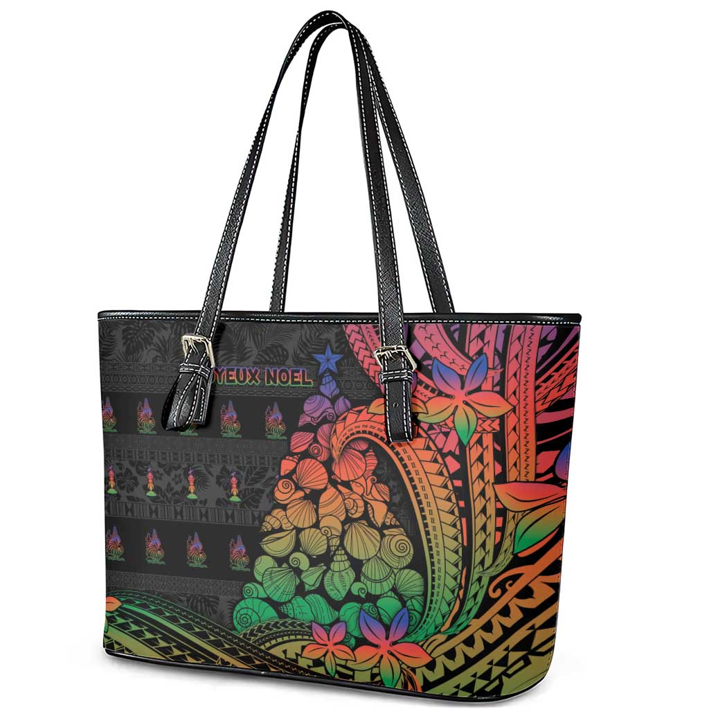 New Caledonia Christmas Leather Tote Bag Seashell Xmas Tree Tribal Waves - Polynesian Pride
