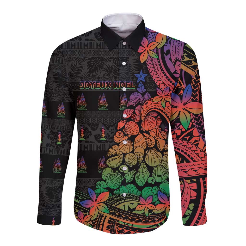 New Caledonia Christmas Long Sleeve Button Shirt Seashell Xmas Tree Tribal Waves - Polynesian Pride