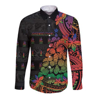 New Caledonia Christmas Long Sleeve Button Shirt Seashell Xmas Tree Tribal Waves - Polynesian Pride