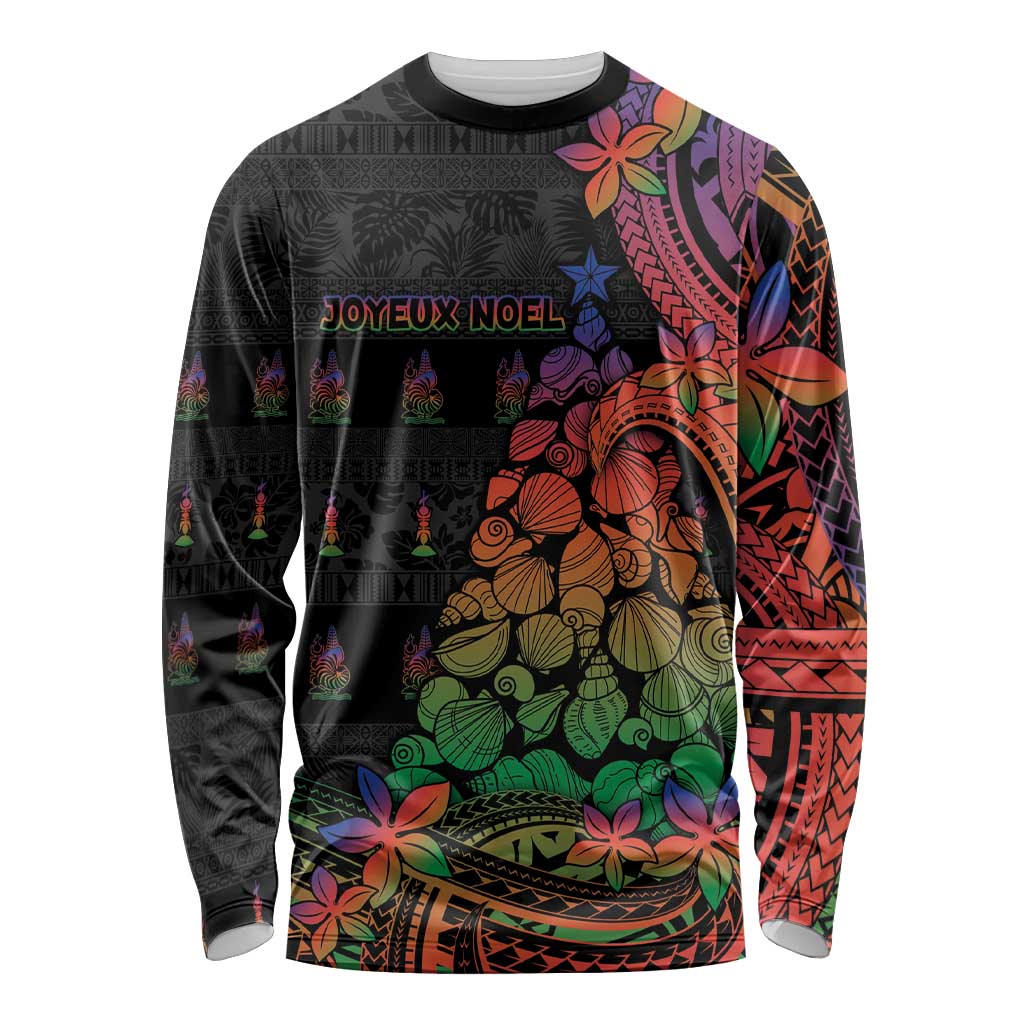 New Caledonia Christmas Long Sleeve Shirt Seashell Xmas Tree Tribal Waves - Polynesian Pride