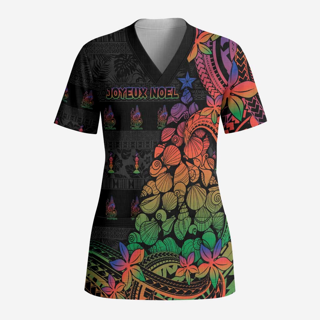 New Caledonia Christmas Scrub Top Seashell Xmas Tree Tribal Waves - Polynesian Pride