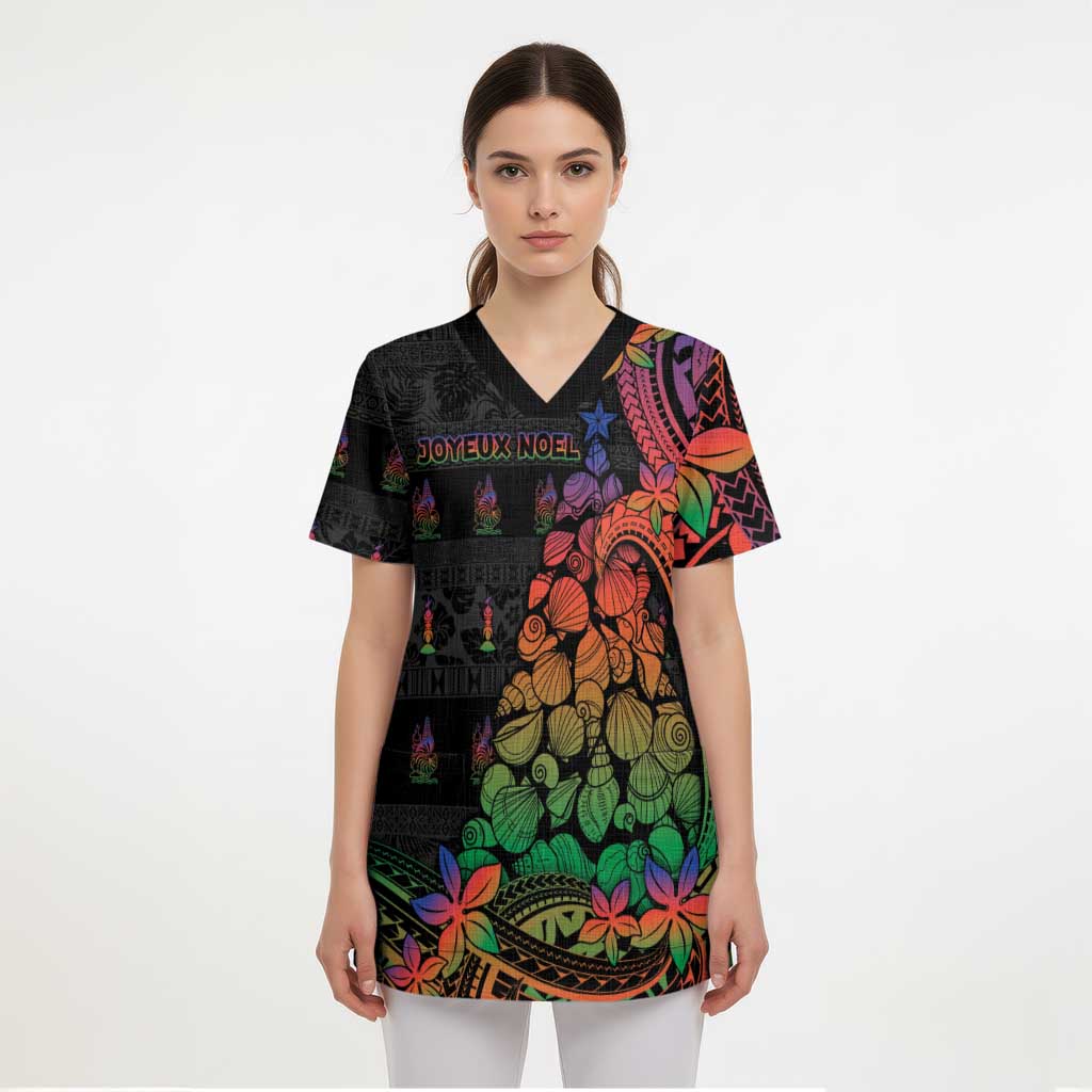 New Caledonia Christmas Scrub Top Seashell Xmas Tree Tribal Waves - Polynesian Pride