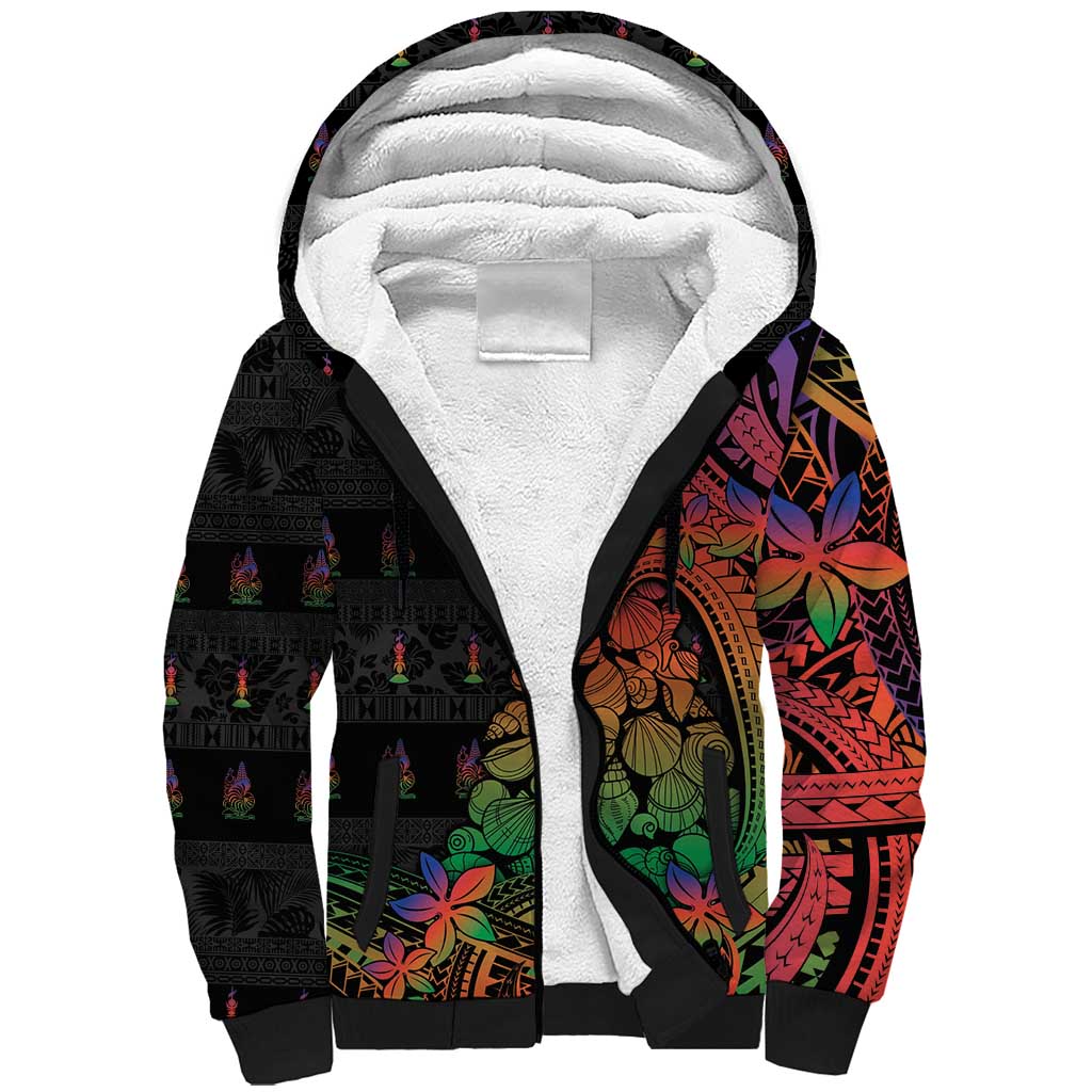 New Caledonia Christmas Sherpa Hoodie Seashell Xmas Tree Tribal Waves - Polynesian Pride