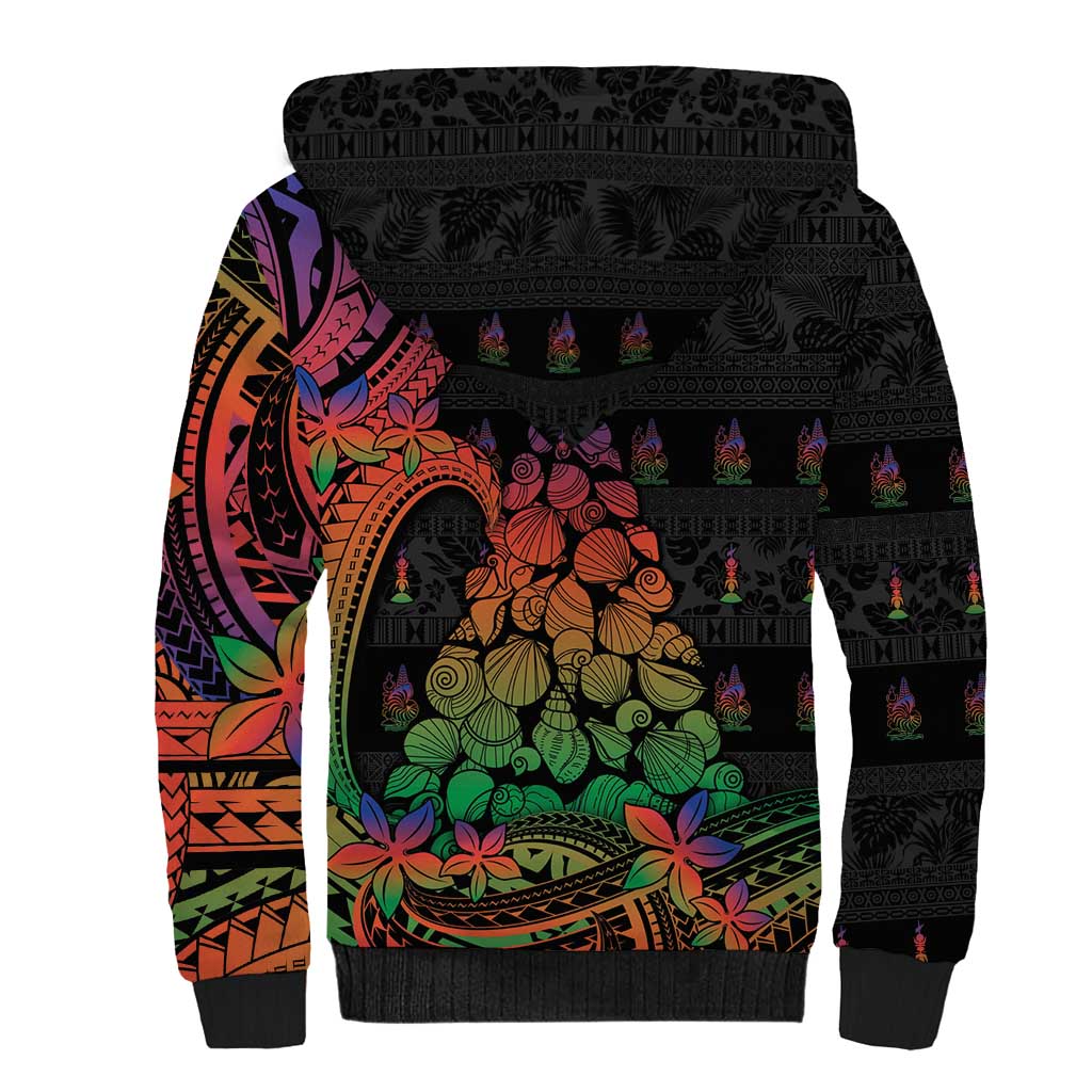 New Caledonia Christmas Sherpa Hoodie Seashell Xmas Tree Tribal Waves - Polynesian Pride