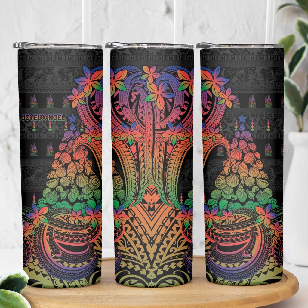 New Caledonia Christmas Skinny Tumbler Seashell Xmas Tree Tribal Waves - Polynesian Pride