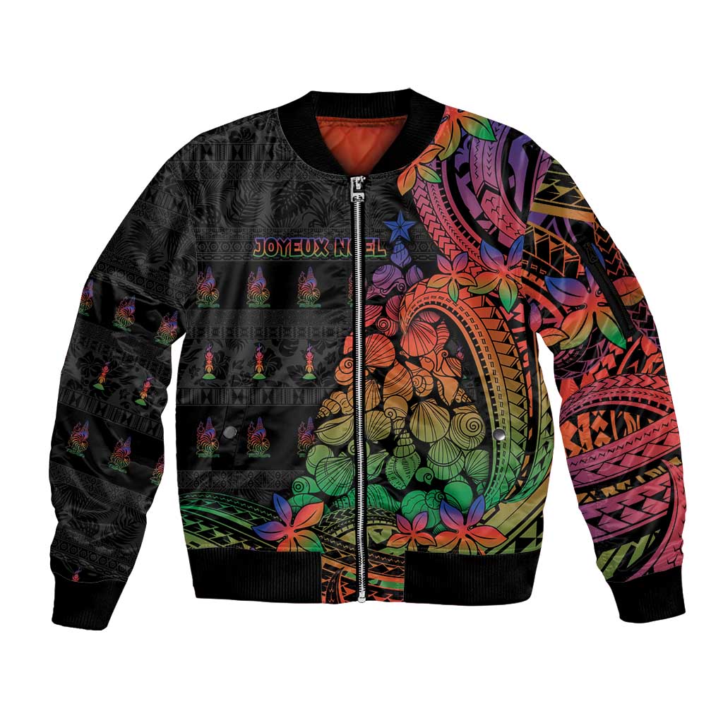 New Caledonia Christmas Sleeve Zip Bomber Jacket Seashell Xmas Tree Tribal Waves - Polynesian Pride