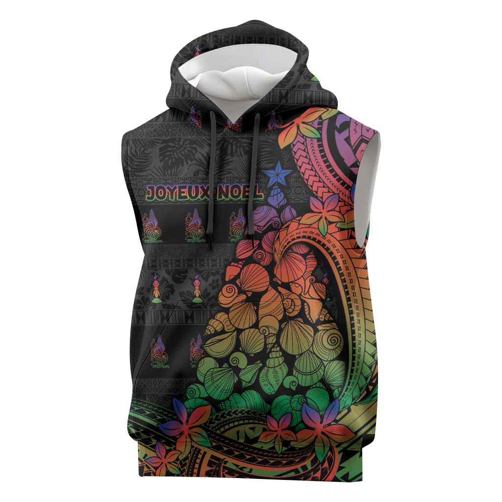 New Caledonia Christmas Sleeveless Hoodie Seashell Xmas Tree Tribal Waves - Polynesian Pride