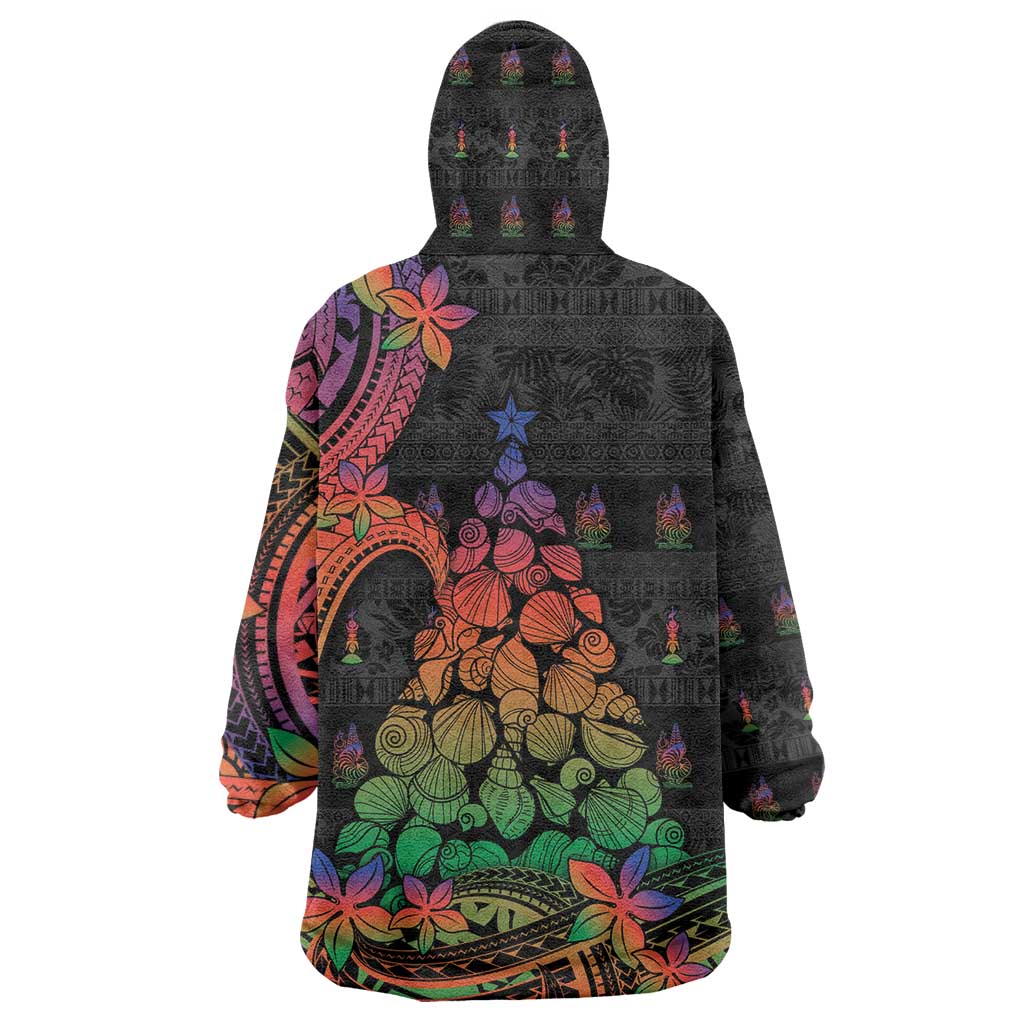 New Caledonia Christmas Wearable Blanket Hoodie Seashell Xmas Tree Tribal Waves - Polynesian Pride