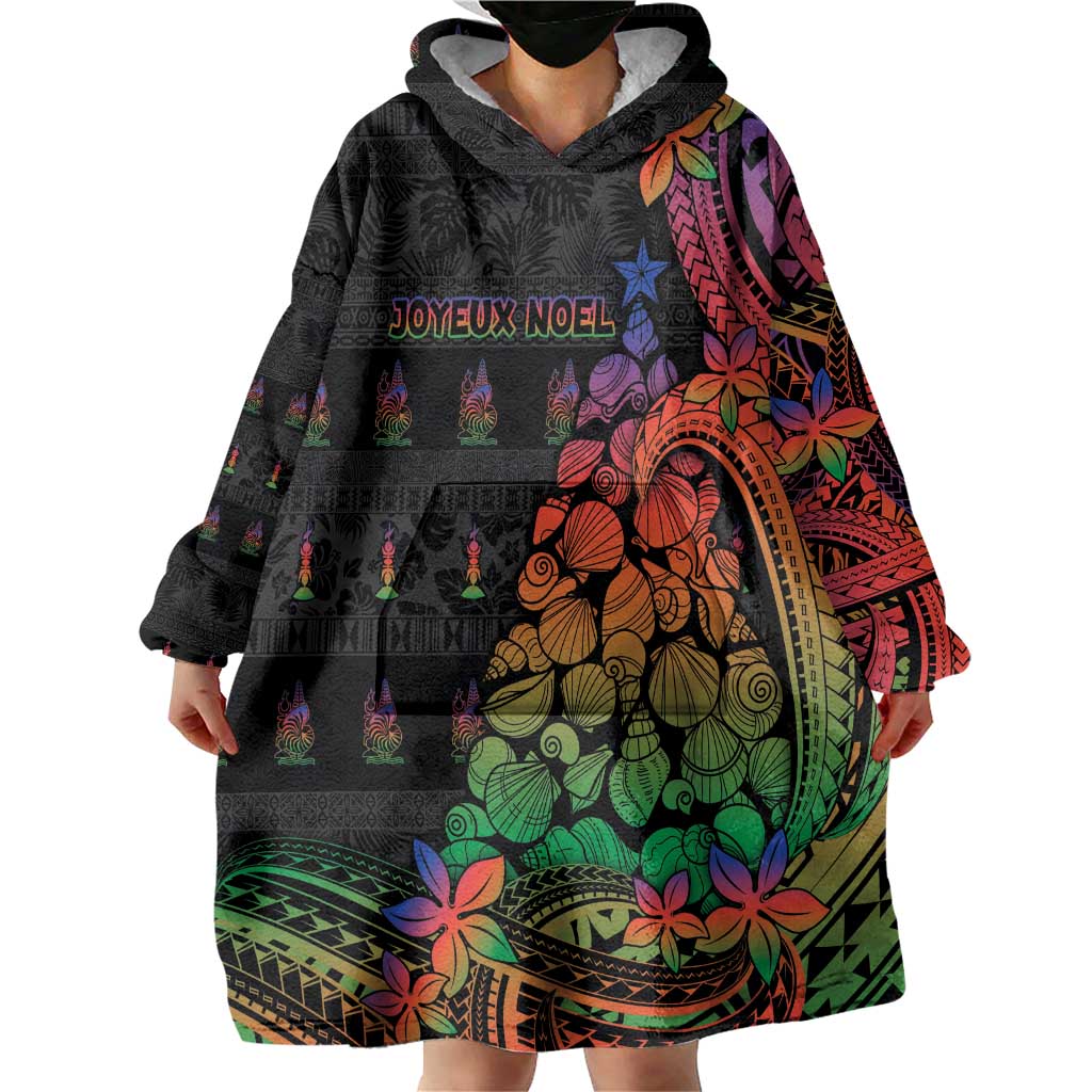 New Caledonia Christmas Wearable Blanket Hoodie Seashell Xmas Tree Tribal Waves - Polynesian Pride