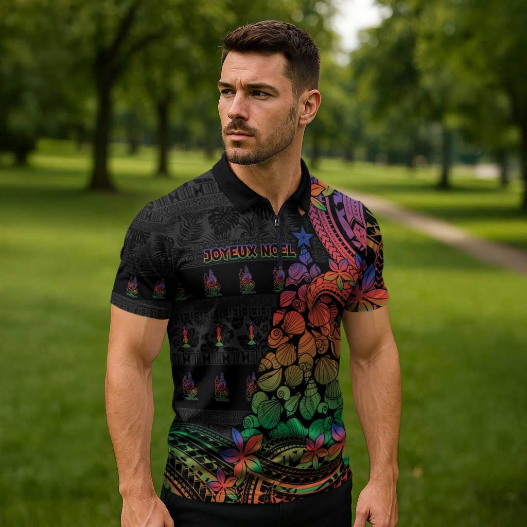 New Caledonia Christmas Zipper Polo Shirt Seashell Xmas Tree Tribal Waves - Polynesian Pride