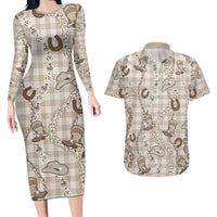Hawaii Palaka Cowboy Couples Matching Long Sleeve Bodycon Dress and Hawaiian Shirt Shell Maile Lei With Western Patterns - Polynesian Pride