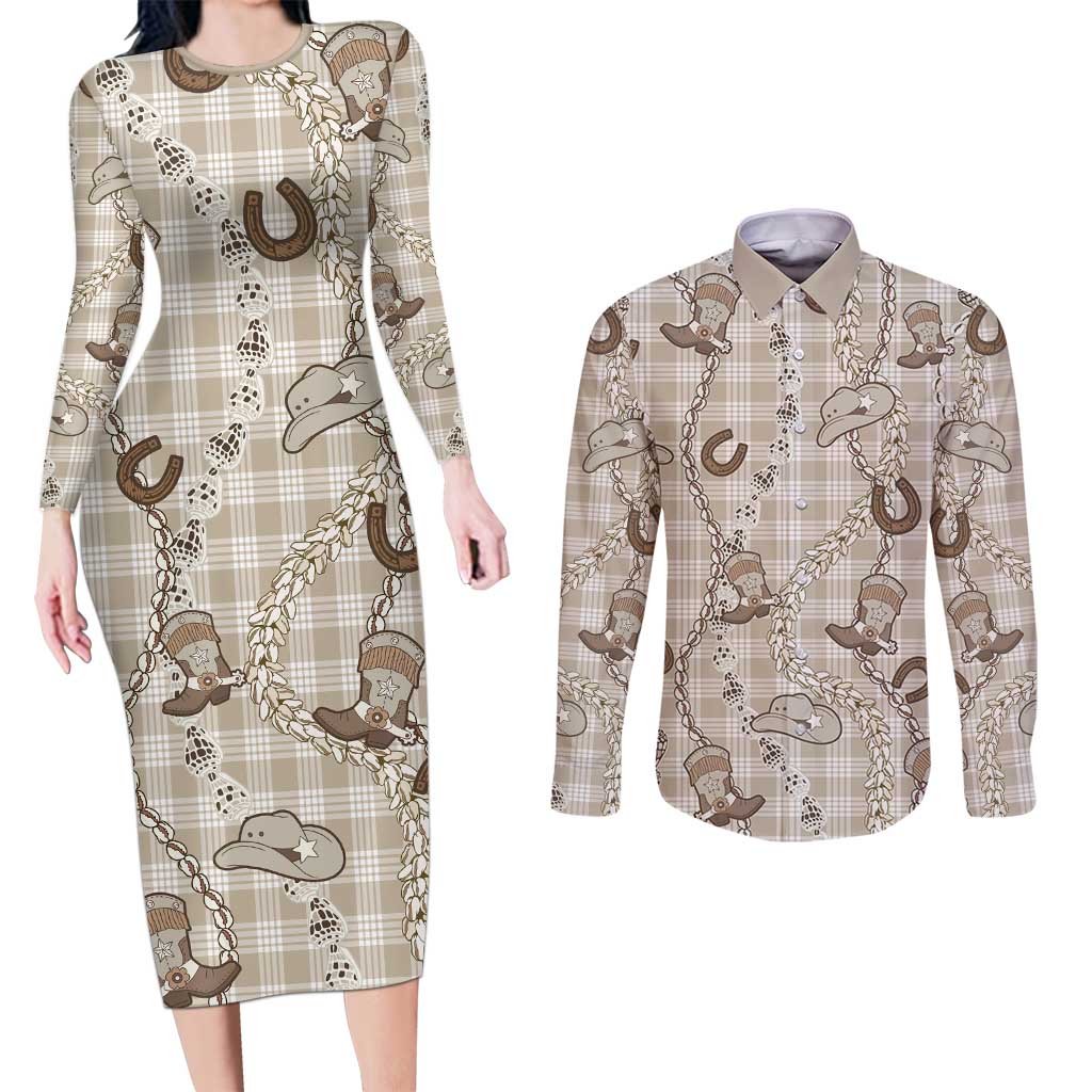 Hawaii Palaka Cowboy Couples Matching Long Sleeve Bodycon Dress and Long Sleeve Button Shirt Shell Maile Lei With Western Patterns DT05 Beige - Polynesian Pride